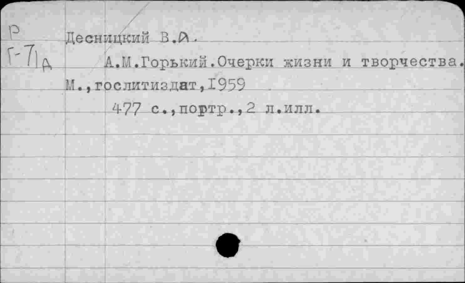 ﻿Десницкий В.А-.-----;—
АЛЛ,Горький. Очерки жизни и творчества 1Л., Гослитиздат, 1959 __
477 с.,портр.,2 л.илл.